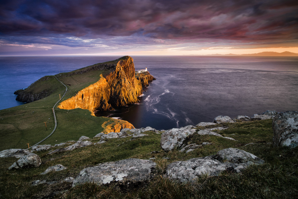 Mid-Summer dusk over Neist Point Lighthouse, Isle of Skye, London